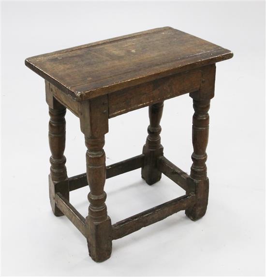 A 17th century oak joynt stool, W.1ft 6.5in.